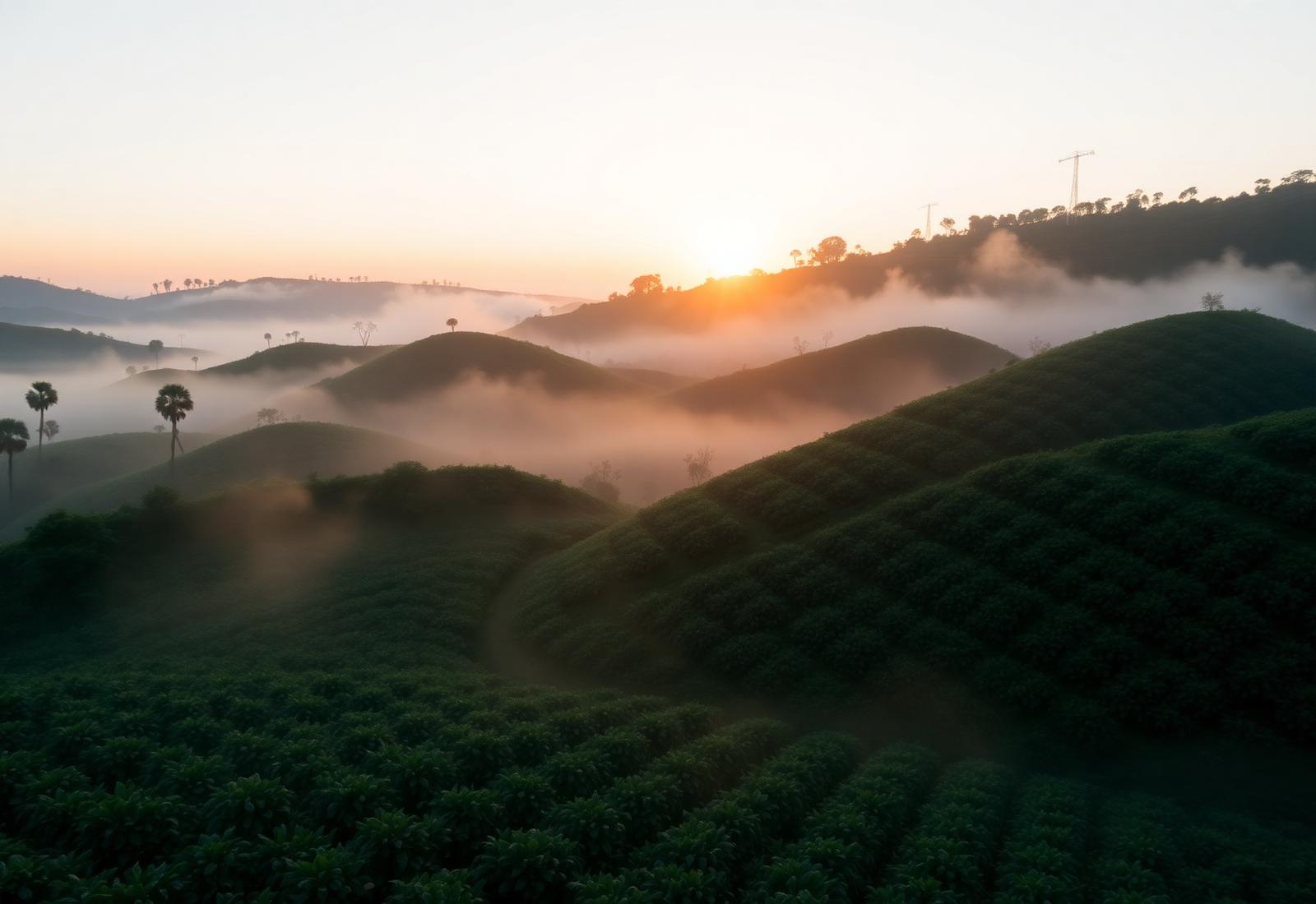 Brazilian coffee farm at sunrise